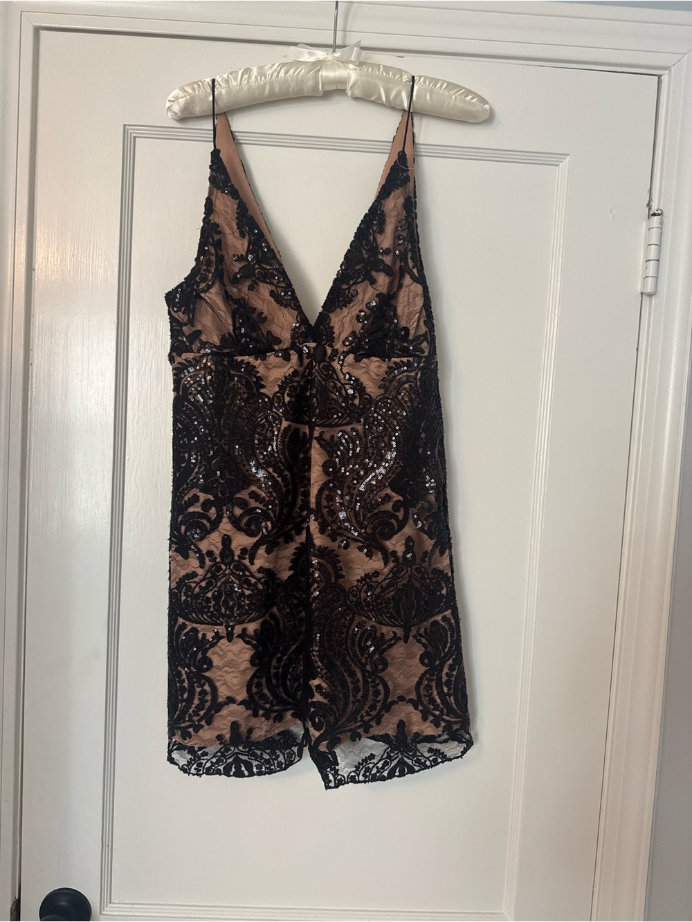 Free People Black Beaded Lace Dress over Nude Lining